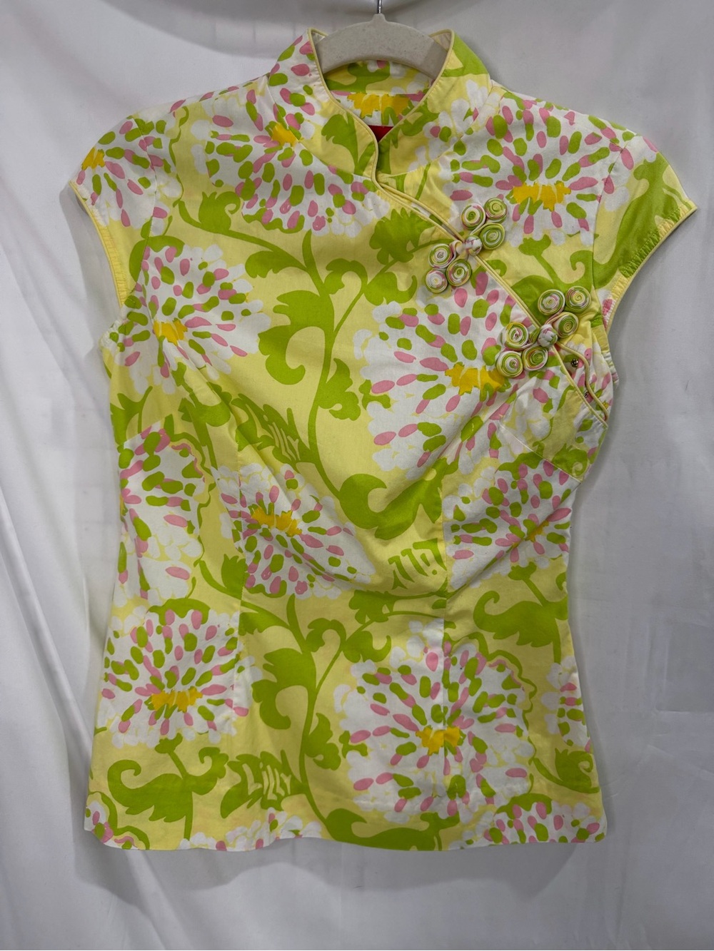 Lilly Pulitzer Lime, Pink & White Floral Mandarin-Collar Cap Sleeve Top
